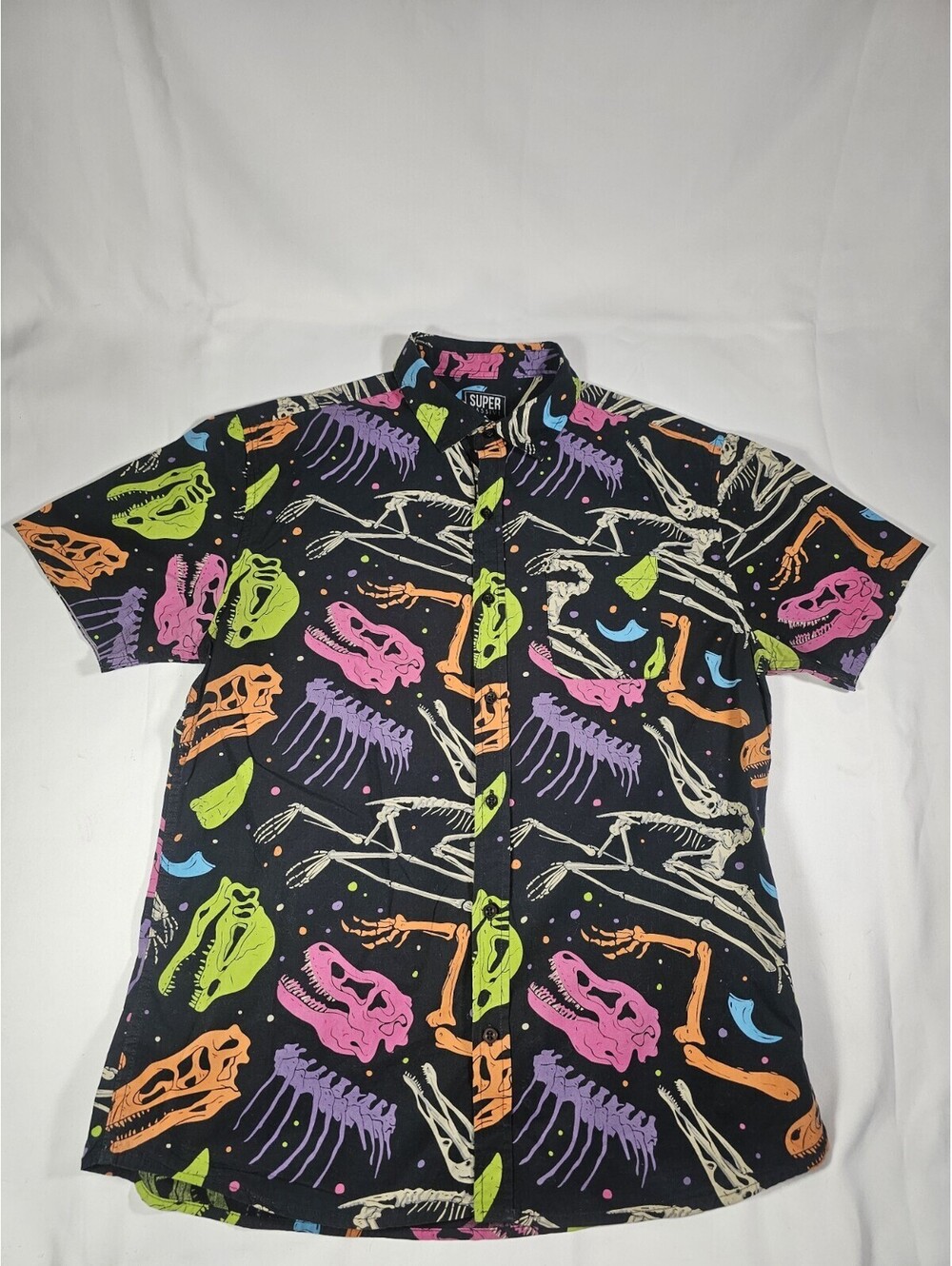 Super Massive Mens Small Neon Dinosaur Skeleton Fossil Black Button Down Shirt